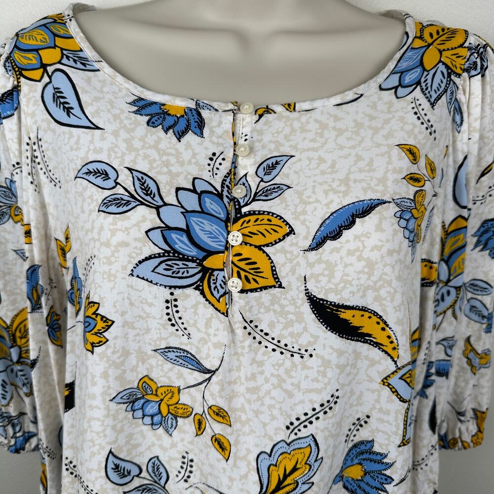 Ann Taylor Floral Blouse Top Short Sleeve Puff Sleeve White M Prairie Boho - Picture 2 of 10